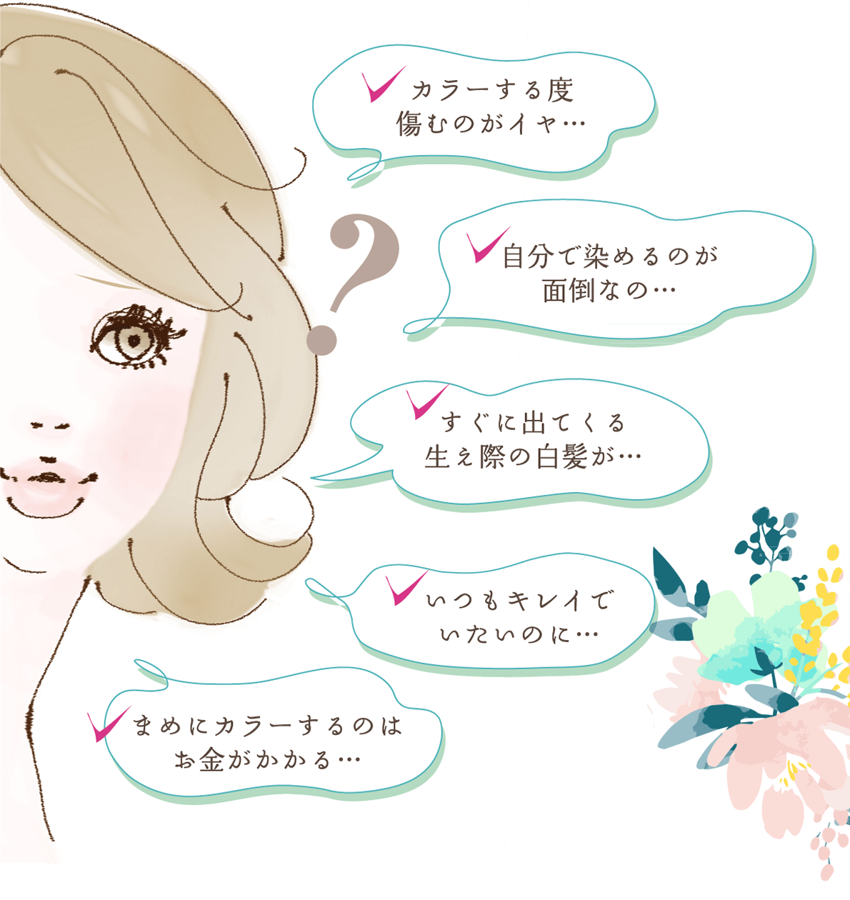 カラーにする度傷むのがイヤ | 自分で染めるのが面倒なの | すぐに出てくる生え際の白髪 | いつもキレイでいたいのに | まめにカラーするのはお金がかかる