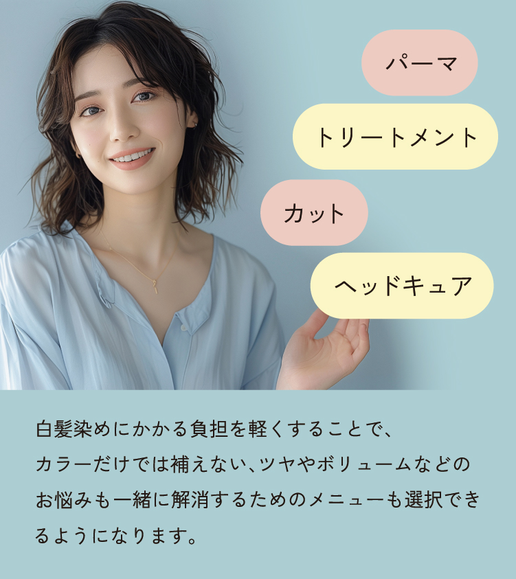 パーマ、トリートメント、カット、ヘッドスパ、お客様のお悩みを解決しながらなりたい自分を叶えるカラー会員です
