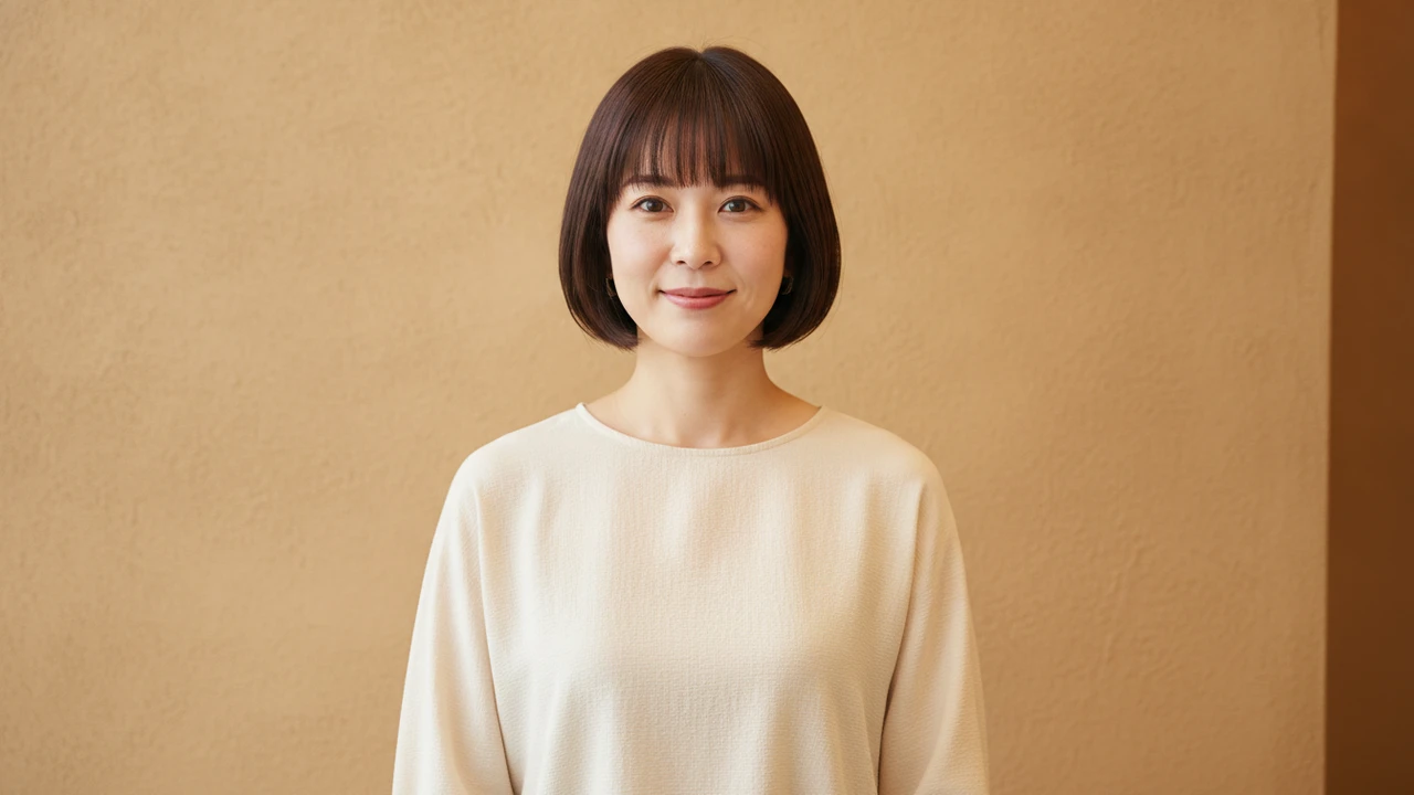 前髪あり大人ショートボブ正面。ダークブラウン・やわらかな印象