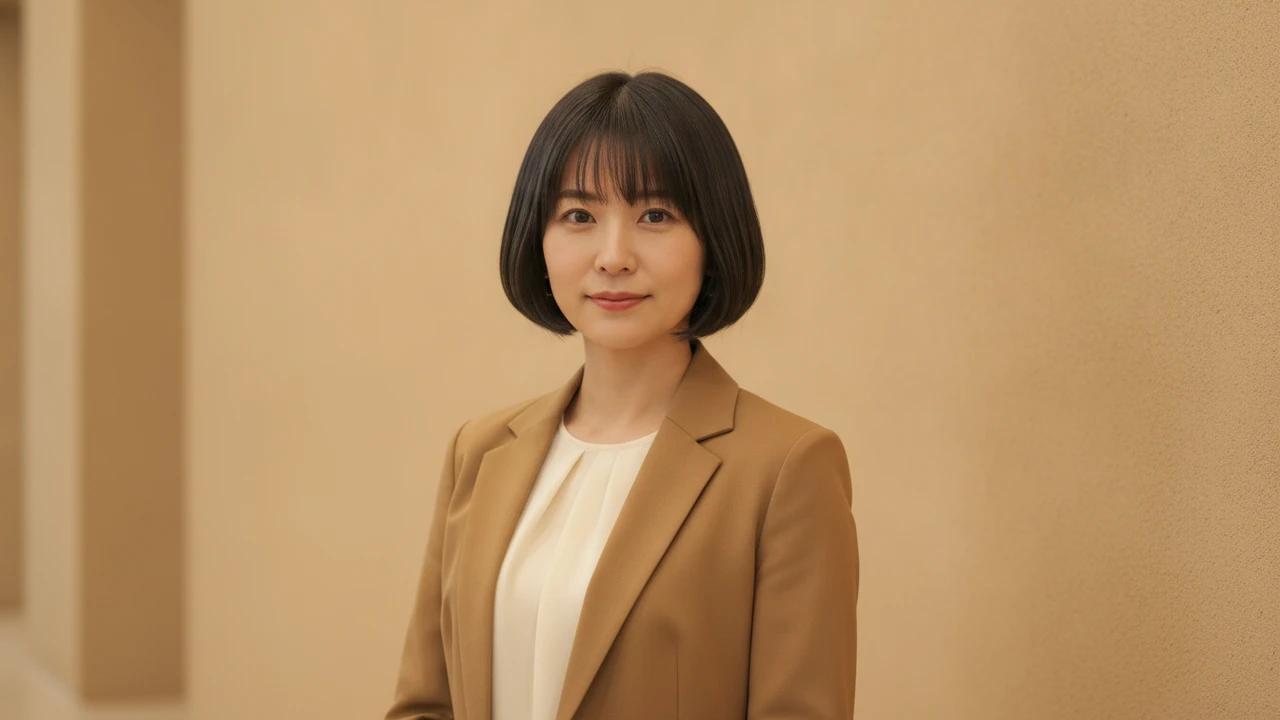 センターパートショートボブ正面。ダークアッシュブラウン・大人のこなれ感