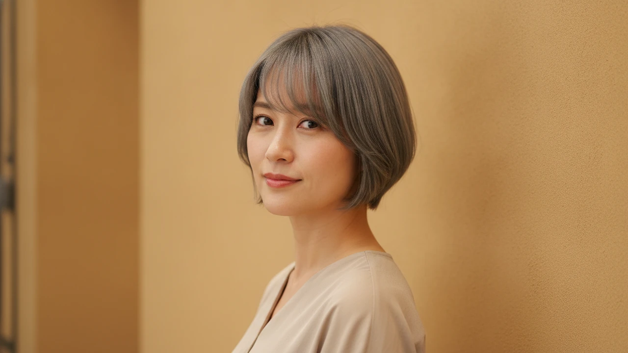 グレージュ流し前髪ショートボブ斜め。40代女性・透明感とツヤ感の両立